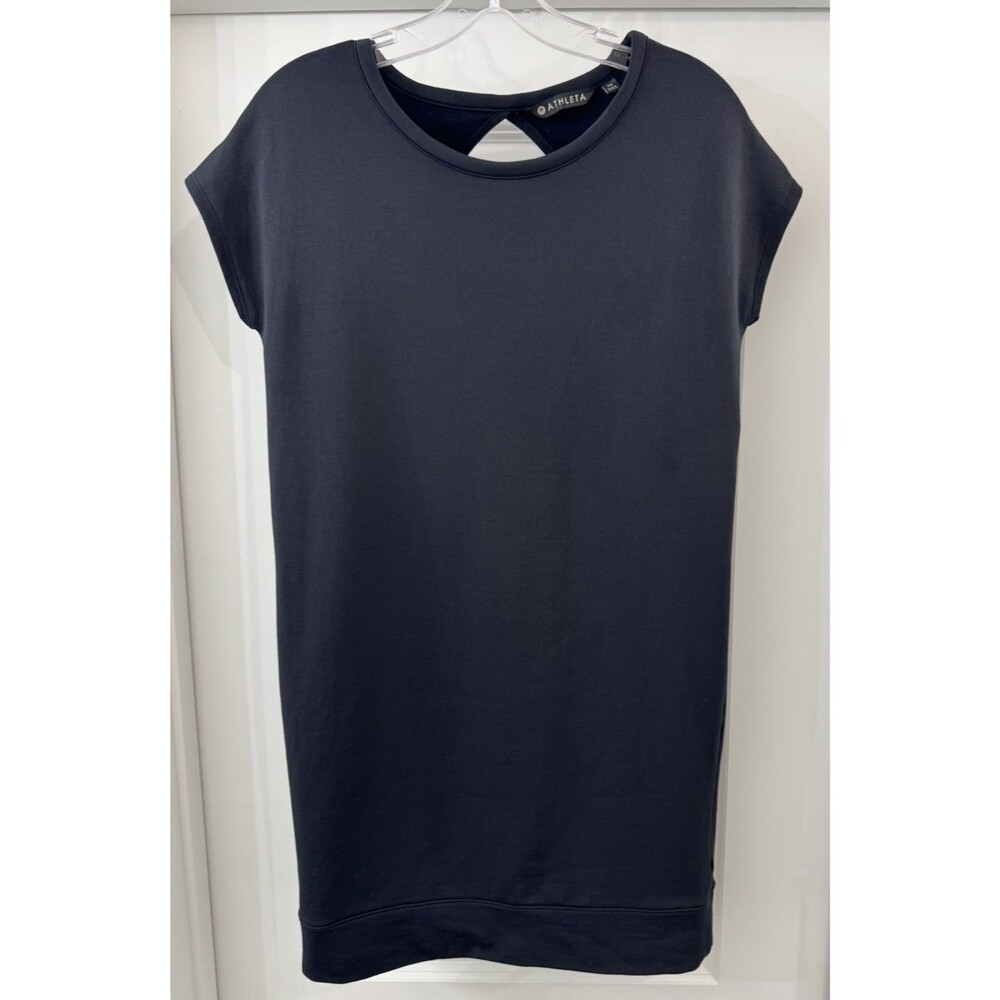 Athleta Cocoon Black French Terry Short Sleeve Cut Out back MiniDress XS Tunic
